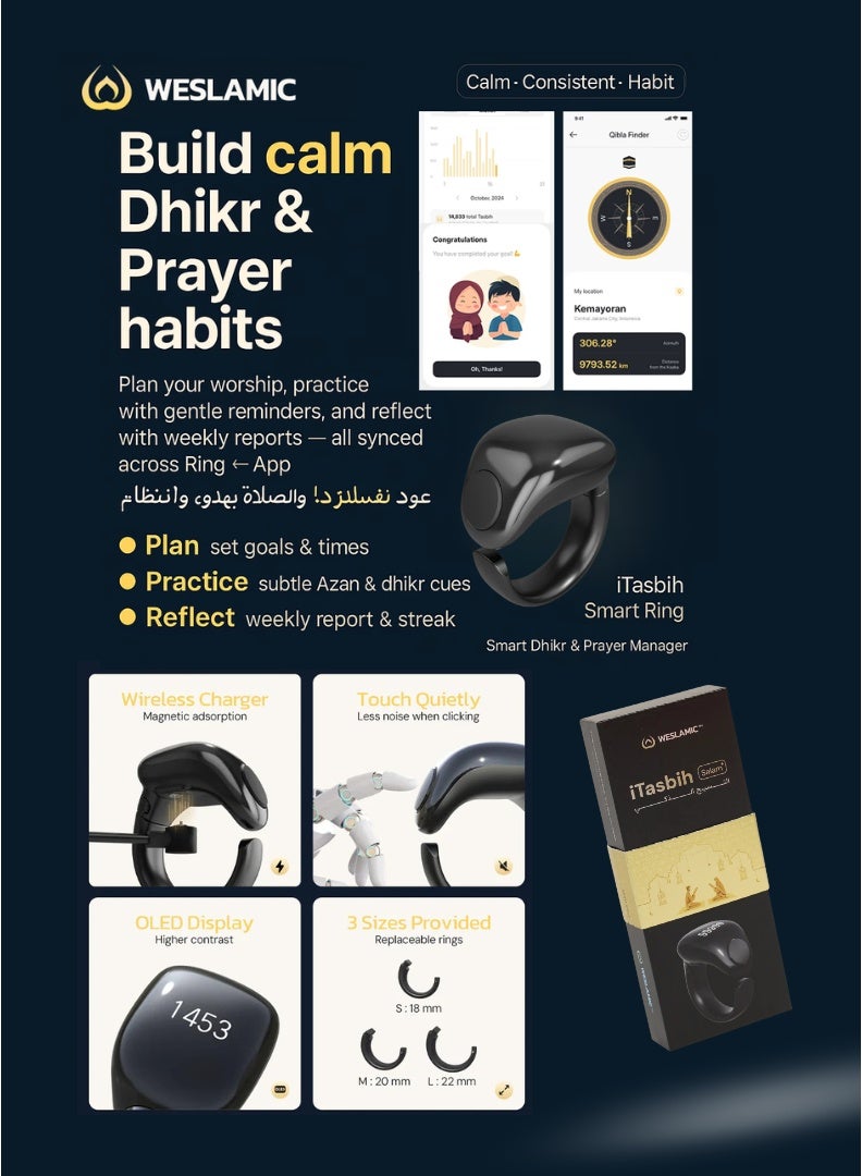 WESLAMIC iTasbih (Salam+) Smart Ring | OLED Display | Zikr Counter | Prayer Reminders | 3 Adjustable Sizes | Magnet Charging | Waterproof | Bluetooth Enabled - Image 2